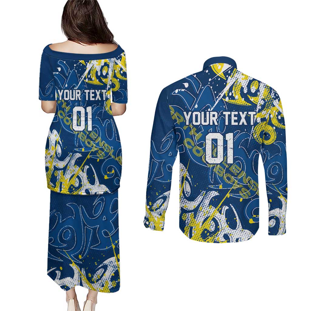 Personalized North Queensland Cowboys Rugby Couples Matching Puletasi and Long Sleeve Button Shirt Urban Street Graffiti Style - Distressed Splatter Elements