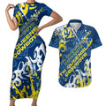 Personalized North Queensland Cowboys Rugby Couples Matching Short Sleeve Bodycon Dress and Hawaiian Shirt Urban Street Graffiti Style - Distressed Splatter Elements