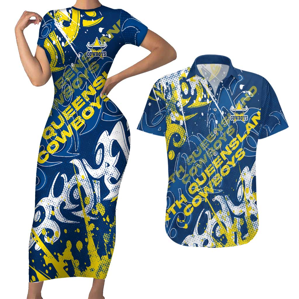 Personalized North Queensland Cowboys Rugby Couples Matching Short Sleeve Bodycon Dress and Hawaiian Shirt Urban Street Graffiti Style - Distressed Splatter Elements