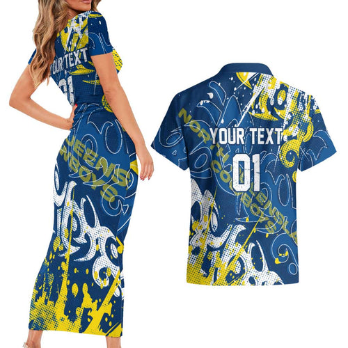Personalized North Queensland Cowboys Rugby Couples Matching Short Sleeve Bodycon Dress and Hawaiian Shirt Urban Street Graffiti Style - Distressed Splatter Elements