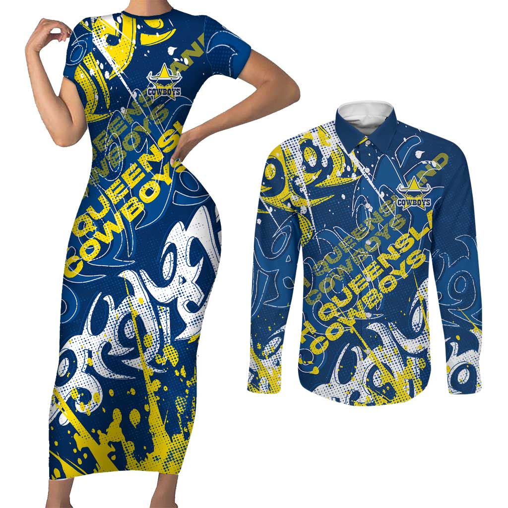 Personalized North Queensland Cowboys Rugby Couples Matching Short Sleeve Bodycon Dress and Long Sleeve Button Shirt Urban Street Graffiti Style - Distressed Splatter Elements