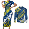 Personalized North Queensland Cowboys Rugby Couples Matching Short Sleeve Bodycon Dress and Long Sleeve Button Shirt Urban Street Graffiti Style - Distressed Splatter Elements