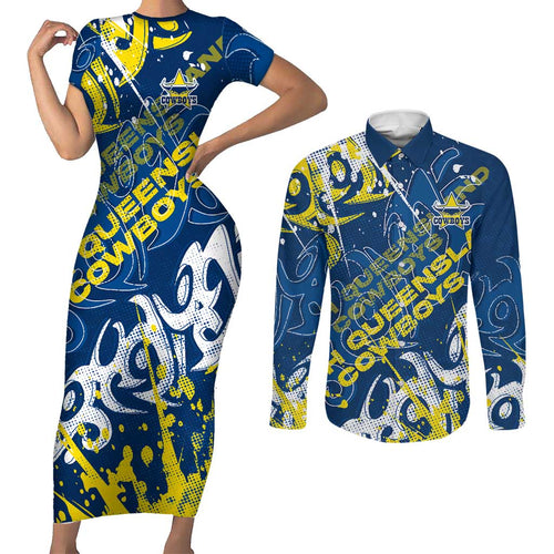 Personalized North Queensland Cowboys Rugby Couples Matching Short Sleeve Bodycon Dress and Long Sleeve Button Shirt Urban Street Graffiti Style - Distressed Splatter Elements
