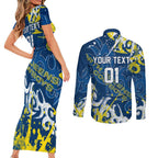 Personalized North Queensland Cowboys Rugby Couples Matching Short Sleeve Bodycon Dress and Long Sleeve Button Shirt Urban Street Graffiti Style - Distressed Splatter Elements