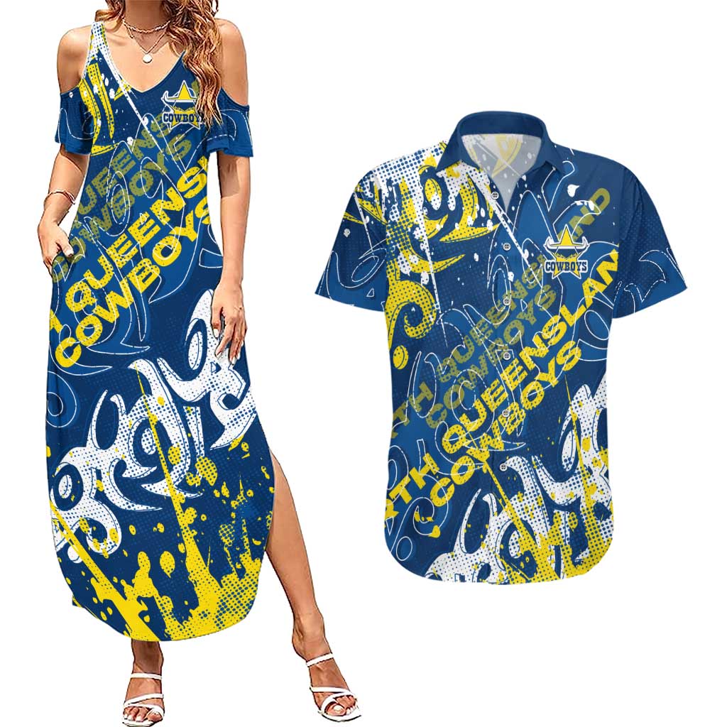 Personalized North Queensland Cowboys Rugby Couples Matching Summer Maxi Dress and Hawaiian Shirt Urban Street Graffiti Style - Distressed Splatter Elements