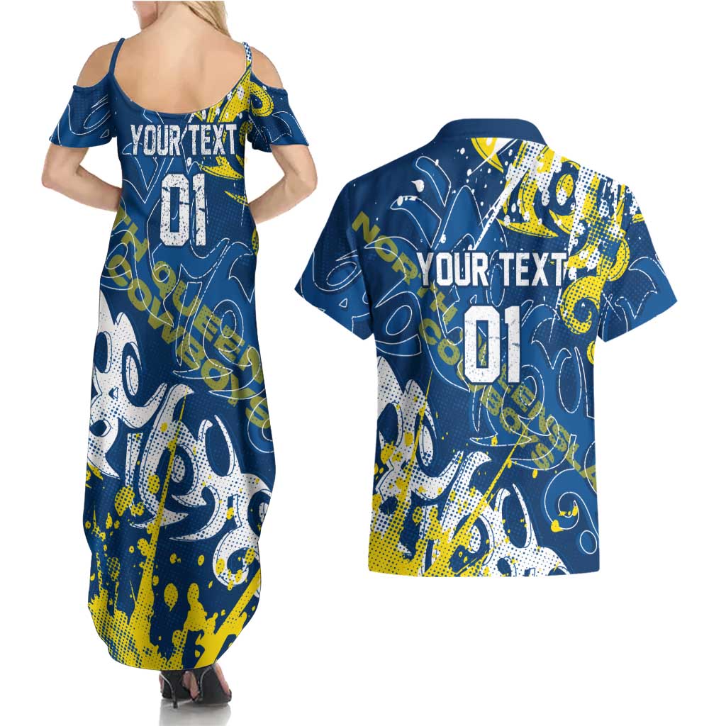 Personalized North Queensland Cowboys Rugby Couples Matching Summer Maxi Dress and Hawaiian Shirt Urban Street Graffiti Style - Distressed Splatter Elements