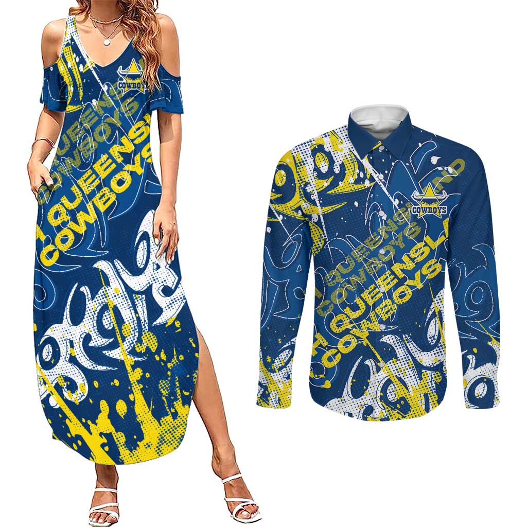 Personalized North Queensland Cowboys Rugby Couples Matching Summer Maxi Dress and Long Sleeve Button Shirt Urban Street Graffiti Style - Distressed Splatter Elements