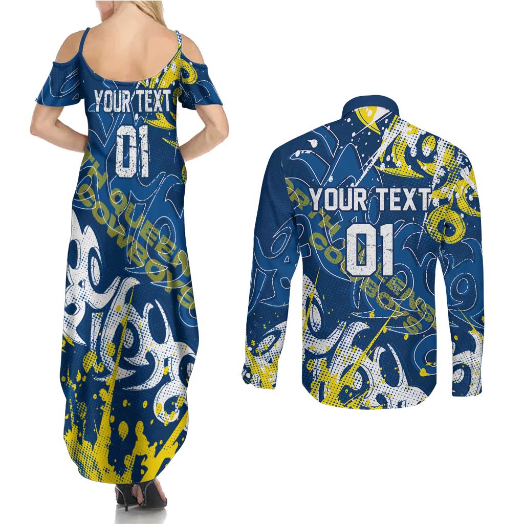 Personalized North Queensland Cowboys Rugby Couples Matching Summer Maxi Dress and Long Sleeve Button Shirt Urban Street Graffiti Style - Distressed Splatter Elements