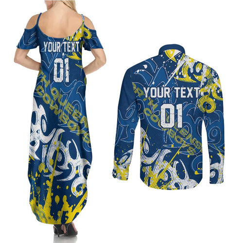 Personalized North Queensland Cowboys Rugby Couples Matching Summer Maxi Dress and Long Sleeve Button Shirt Urban Street Graffiti Style - Distressed Splatter Elements