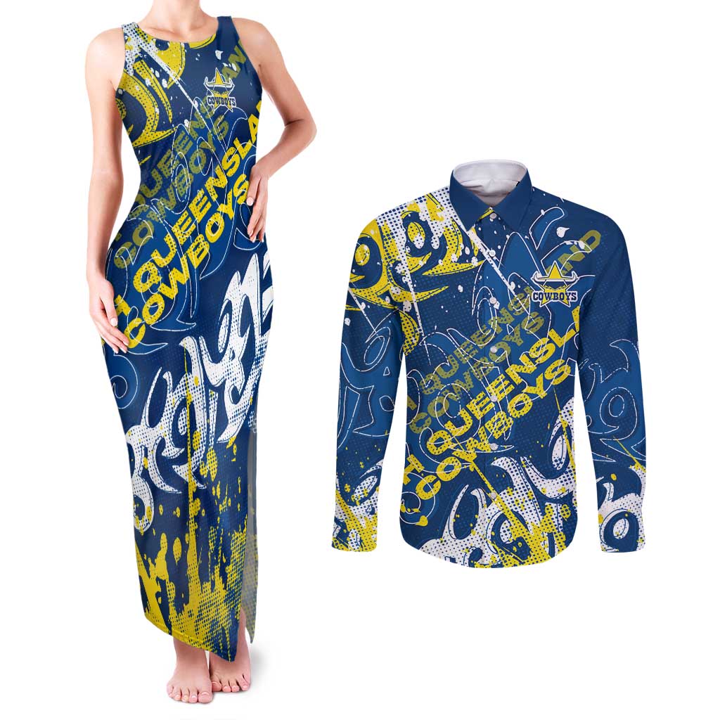 Personalized North Queensland Cowboys Rugby Couples Matching Tank Maxi Dress and Long Sleeve Button Shirt Urban Street Graffiti Style - Distressed Splatter Elements