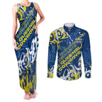 Personalized North Queensland Cowboys Rugby Couples Matching Tank Maxi Dress and Long Sleeve Button Shirt Urban Street Graffiti Style - Distressed Splatter Elements