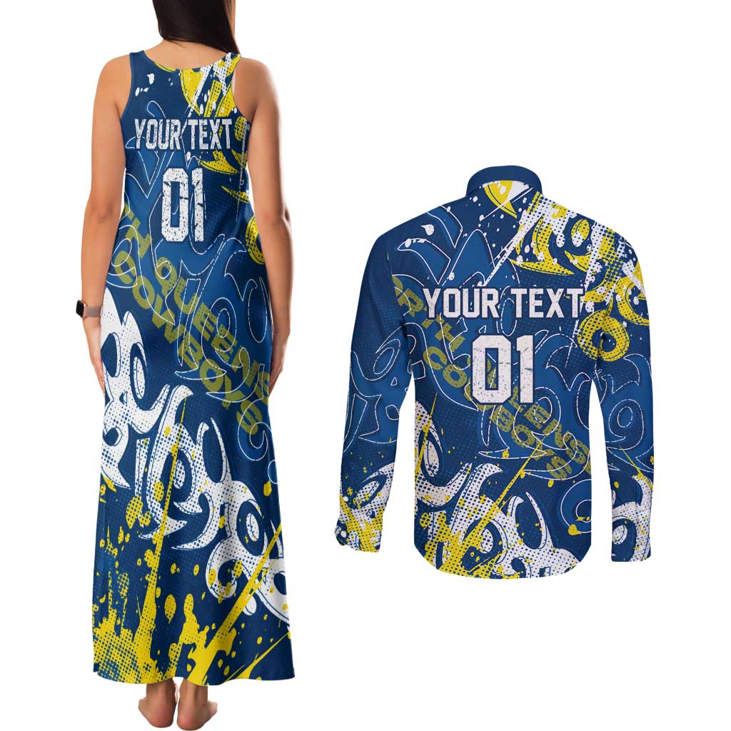 Personalized North Queensland Cowboys Rugby Couples Matching Tank Maxi Dress and Long Sleeve Button Shirt Urban Street Graffiti Style - Distressed Splatter Elements