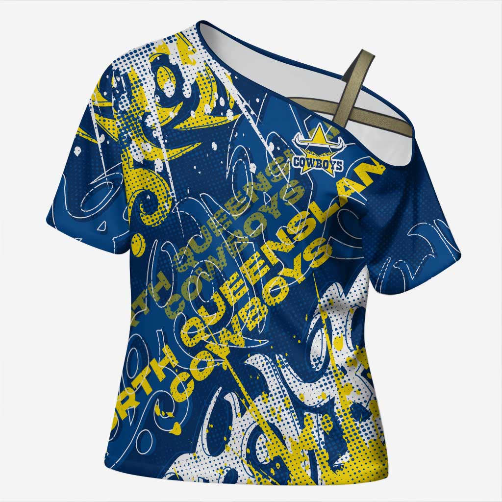 Personalized North Queensland Cowboys Rugby Cross Shoulder Shirt Urban Street Graffiti Style - Distressed Splatter Elements