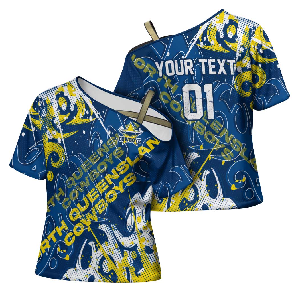 Personalized North Queensland Cowboys Rugby Cross Shoulder Shirt Urban Street Graffiti Style - Distressed Splatter Elements