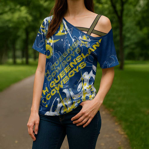 Personalized North Queensland Cowboys Rugby Cross Shoulder Shirt Urban Street Graffiti Style - Distressed Splatter Elements