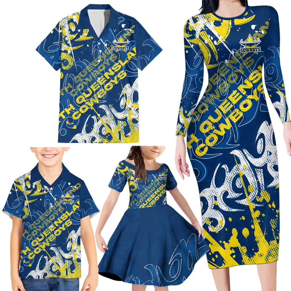 Personalized North Queensland Cowboys Rugby Family Matching Long Sleeve Bodycon Dress and Hawaiian Shirt Urban Street Graffiti Style - Distressed Splatter Elements