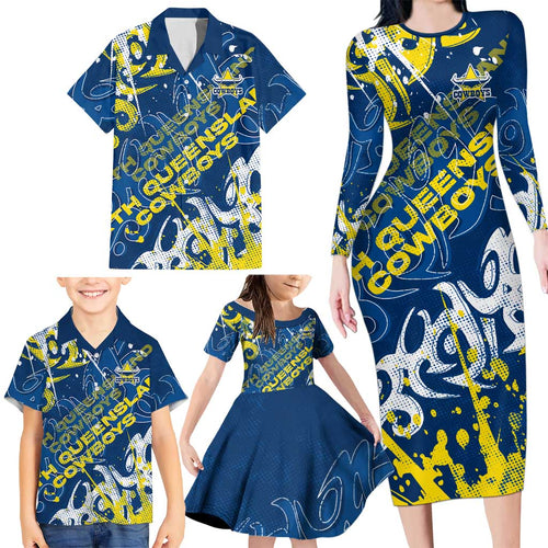 Personalized North Queensland Cowboys Rugby Family Matching Long Sleeve Bodycon Dress and Hawaiian Shirt Urban Street Graffiti Style - Distressed Splatter Elements