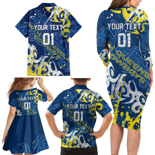 Personalized North Queensland Cowboys Rugby Family Matching Long Sleeve Bodycon Dress and Hawaiian Shirt Urban Street Graffiti Style - Distressed Splatter Elements