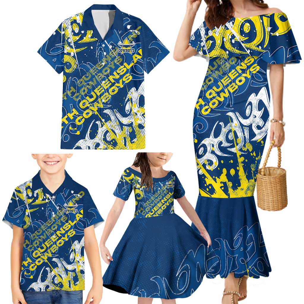 Personalized North Queensland Cowboys Rugby Family Matching Mermaid Dress and Hawaiian Shirt Urban Street Graffiti Style - Distressed Splatter Elements
