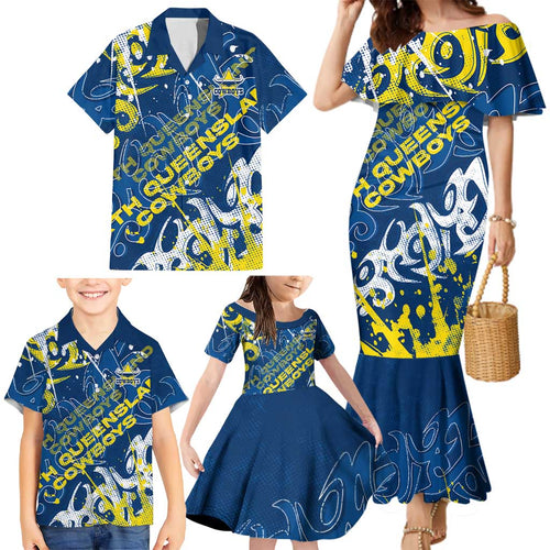 Personalized North Queensland Cowboys Rugby Family Matching Mermaid Dress and Hawaiian Shirt Urban Street Graffiti Style - Distressed Splatter Elements