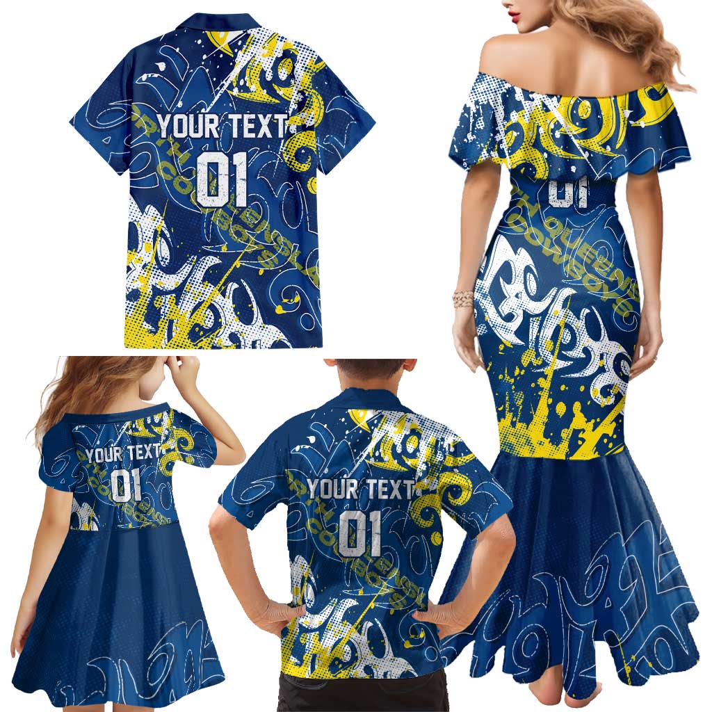 Personalized North Queensland Cowboys Rugby Family Matching Mermaid Dress and Hawaiian Shirt Urban Street Graffiti Style - Distressed Splatter Elements