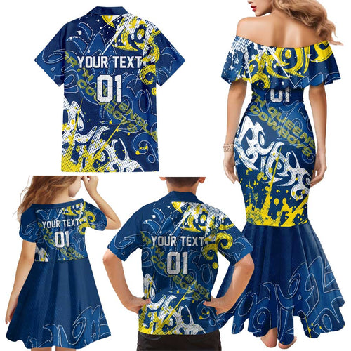 Personalized North Queensland Cowboys Rugby Family Matching Mermaid Dress and Hawaiian Shirt Urban Street Graffiti Style - Distressed Splatter Elements