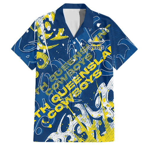 Personalized North Queensland Cowboys Rugby Family Matching Mermaid Dress and Hawaiian Shirt Urban Street Graffiti Style - Distressed Splatter Elements