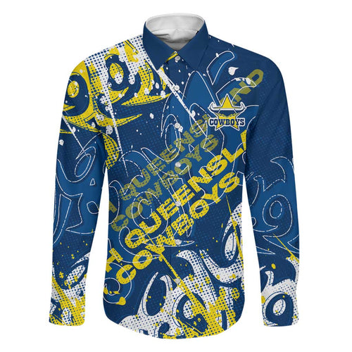Personalized North Queensland Cowboys Rugby Family Matching Mermaid Dress and Hawaiian Shirt Urban Street Graffiti Style - Distressed Splatter Elements