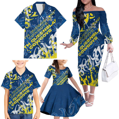 Personalized North Queensland Cowboys Rugby Family Matching Off The Shoulder Long Sleeve Dress and Hawaiian Shirt Urban Street Graffiti Style - Distressed Splatter Elements