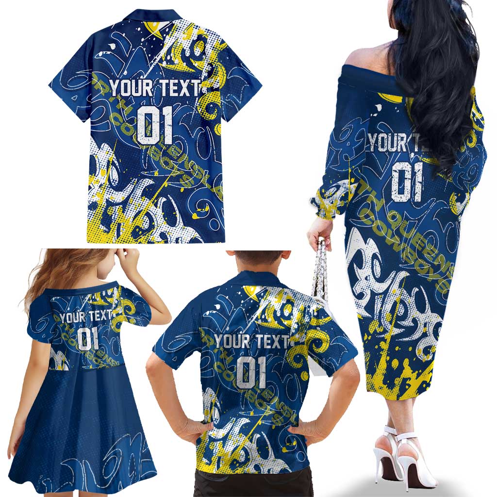 Personalized North Queensland Cowboys Rugby Family Matching Off The Shoulder Long Sleeve Dress and Hawaiian Shirt Urban Street Graffiti Style - Distressed Splatter Elements