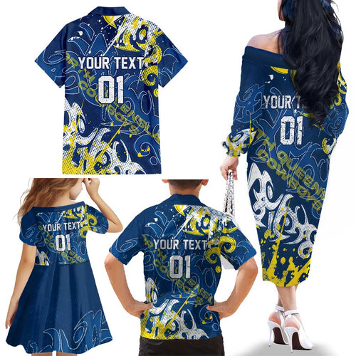 Personalized North Queensland Cowboys Rugby Family Matching Off The Shoulder Long Sleeve Dress and Hawaiian Shirt Urban Street Graffiti Style - Distressed Splatter Elements
