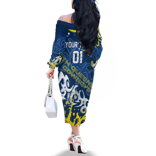 Personalized North Queensland Cowboys Rugby Family Matching Off The Shoulder Long Sleeve Dress and Hawaiian Shirt Urban Street Graffiti Style - Distressed Splatter Elements