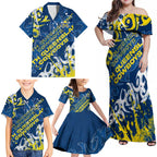 Personalized North Queensland Cowboys Rugby Family Matching Off Shoulder Maxi Dress and Hawaiian Shirt Urban Street Graffiti Style - Distressed Splatter Elements