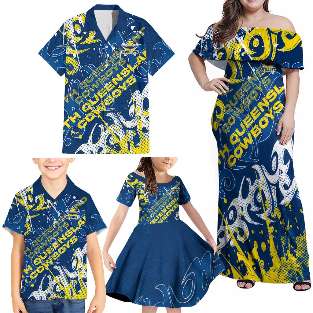 Personalized North Queensland Cowboys Rugby Family Matching Off Shoulder Maxi Dress and Hawaiian Shirt Urban Street Graffiti Style - Distressed Splatter Elements