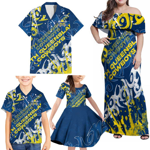 Personalized North Queensland Cowboys Rugby Family Matching Off Shoulder Maxi Dress and Hawaiian Shirt Urban Street Graffiti Style - Distressed Splatter Elements