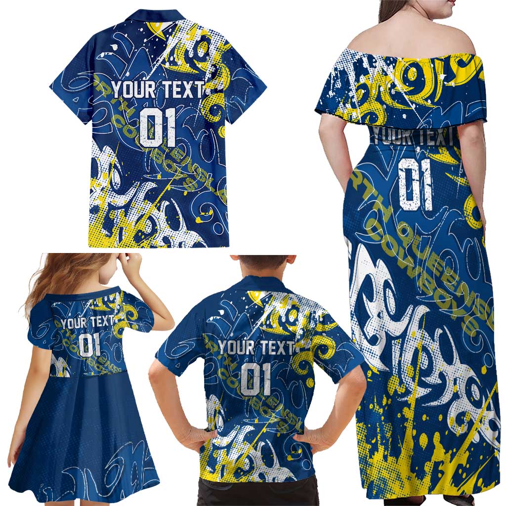 Personalized North Queensland Cowboys Rugby Family Matching Off Shoulder Maxi Dress and Hawaiian Shirt Urban Street Graffiti Style - Distressed Splatter Elements