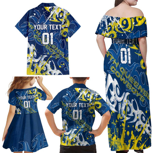 Personalized North Queensland Cowboys Rugby Family Matching Off Shoulder Maxi Dress and Hawaiian Shirt Urban Street Graffiti Style - Distressed Splatter Elements