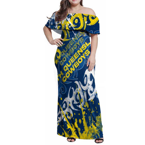 Personalized North Queensland Cowboys Rugby Family Matching Off Shoulder Maxi Dress and Hawaiian Shirt Urban Street Graffiti Style - Distressed Splatter Elements
