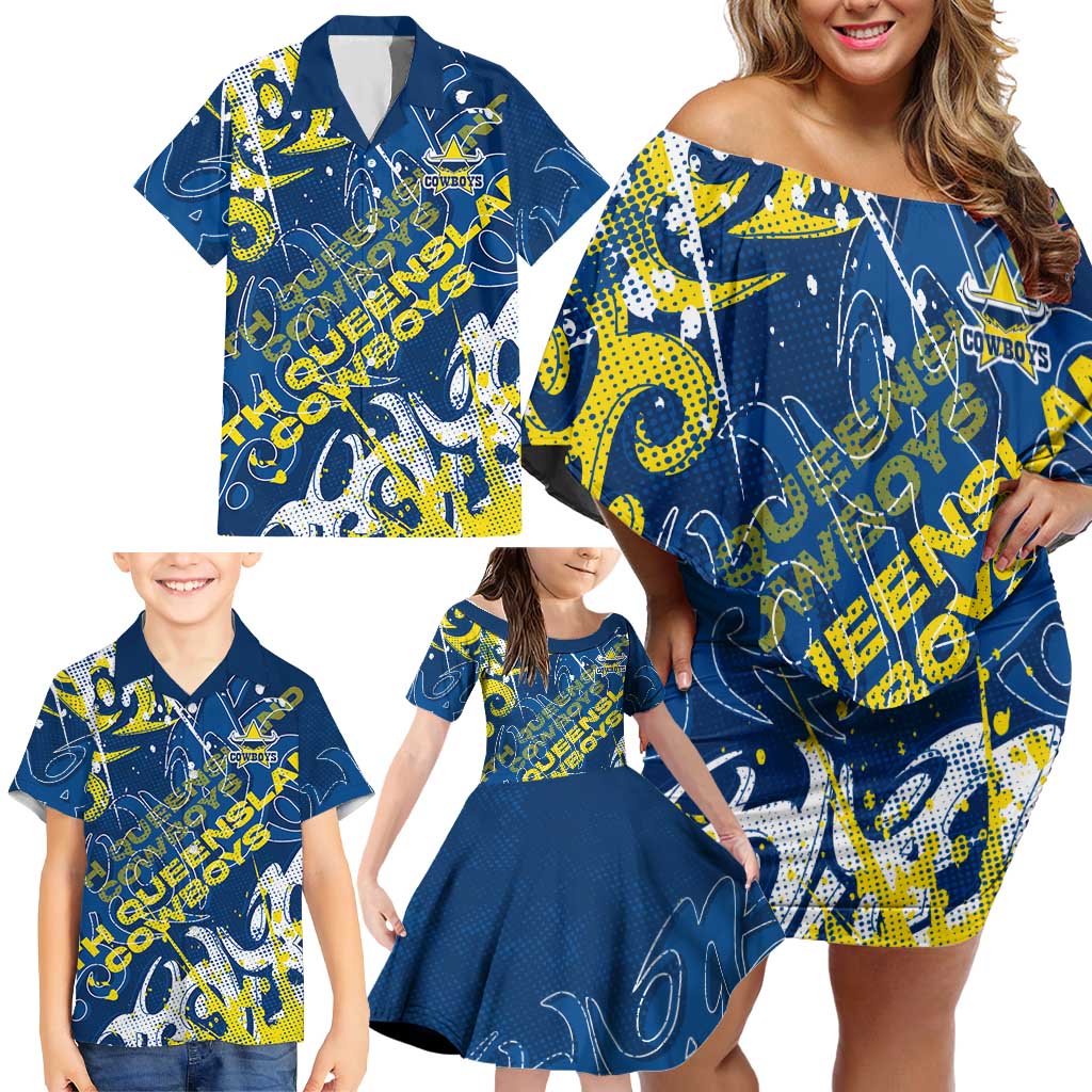Personalized North Queensland Cowboys Rugby Family Matching Off Shoulder Short Dress and Hawaiian Shirt Urban Street Graffiti Style - Distressed Splatter Elements