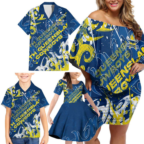 Personalized North Queensland Cowboys Rugby Family Matching Off Shoulder Short Dress and Hawaiian Shirt Urban Street Graffiti Style - Distressed Splatter Elements