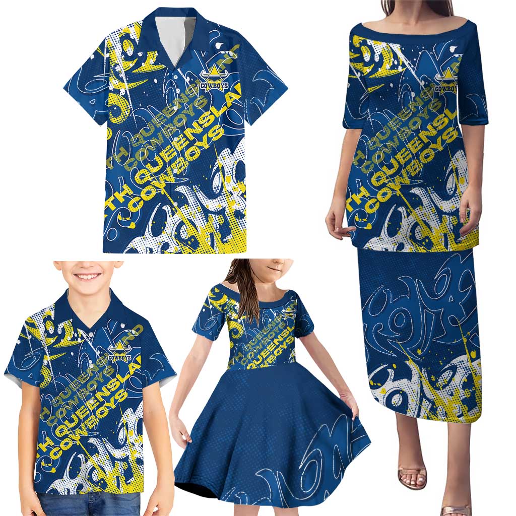 Personalized North Queensland Cowboys Rugby Family Matching Puletasi and Hawaiian Shirt Urban Street Graffiti Style - Distressed Splatter Elements