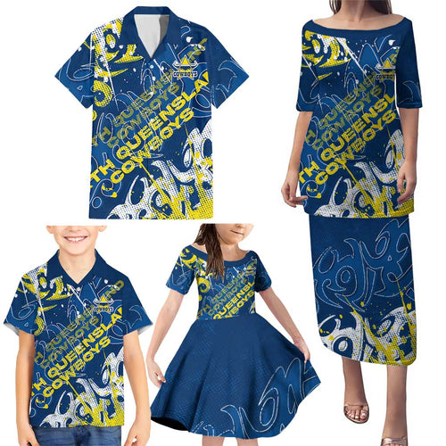 Personalized North Queensland Cowboys Rugby Family Matching Puletasi and Hawaiian Shirt Urban Street Graffiti Style - Distressed Splatter Elements