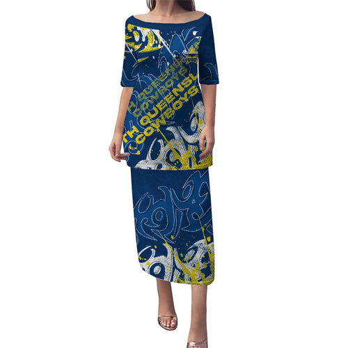 Personalized North Queensland Cowboys Rugby Family Matching Puletasi and Hawaiian Shirt Urban Street Graffiti Style - Distressed Splatter Elements