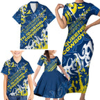 Personalized North Queensland Cowboys Rugby Family Matching Short Sleeve Bodycon Dress and Hawaiian Shirt Urban Street Graffiti Style - Distressed Splatter Elements