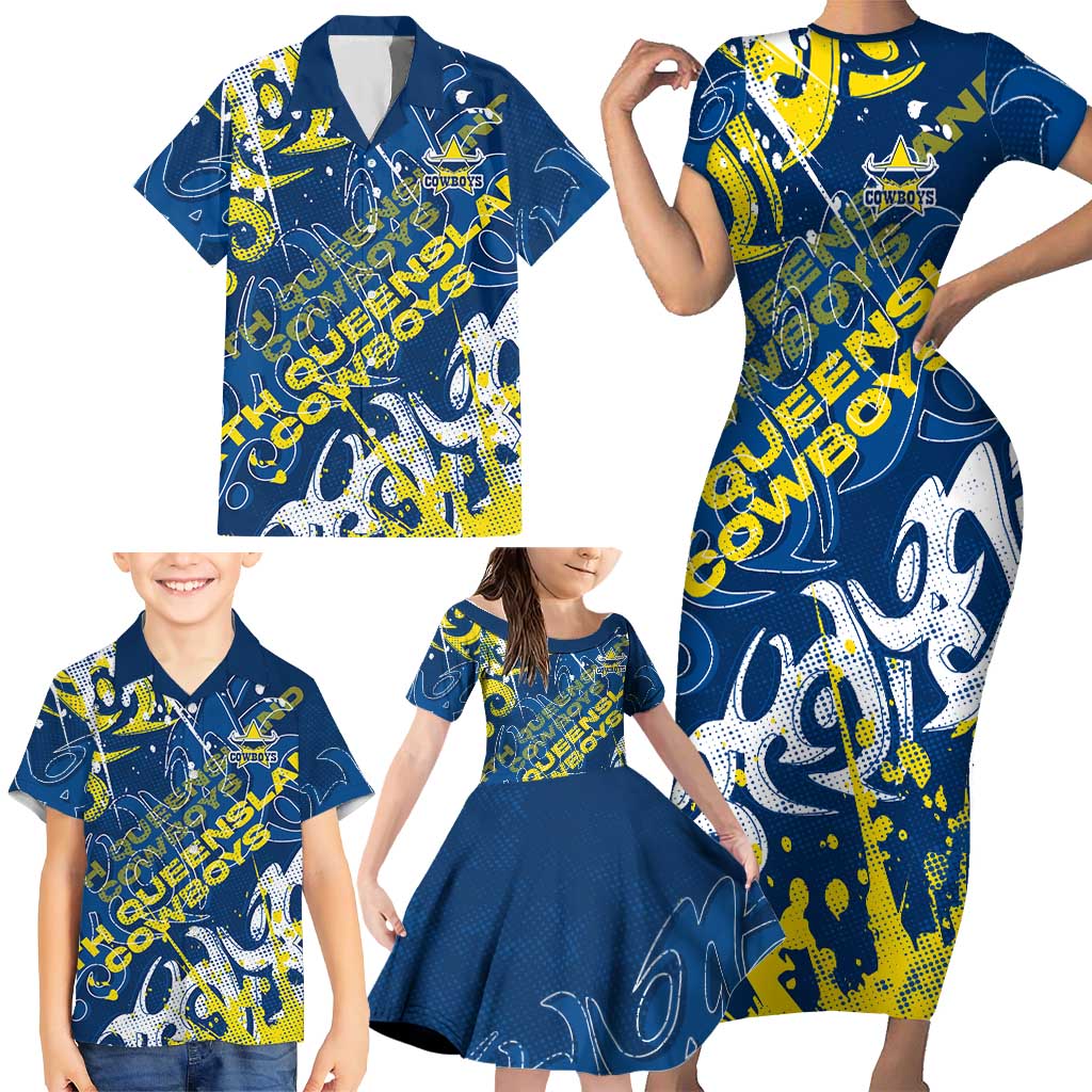 Personalized North Queensland Cowboys Rugby Family Matching Short Sleeve Bodycon Dress and Hawaiian Shirt Urban Street Graffiti Style - Distressed Splatter Elements