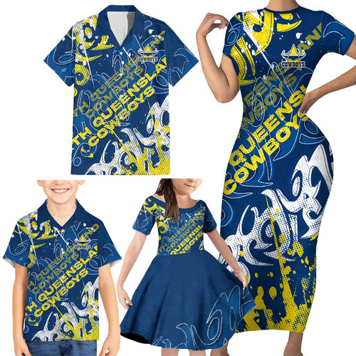 Personalized North Queensland Cowboys Rugby Family Matching Short Sleeve Bodycon Dress and Hawaiian Shirt Urban Street Graffiti Style - Distressed Splatter Elements