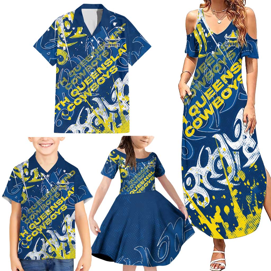 Personalized North Queensland Cowboys Rugby Family Matching Summer Maxi Dress and Hawaiian Shirt Urban Street Graffiti Style - Distressed Splatter Elements