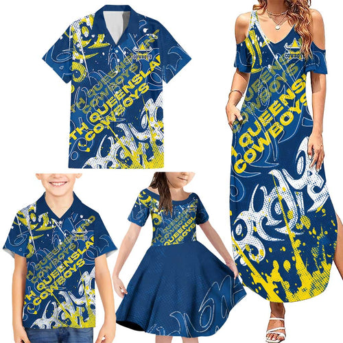 Personalized North Queensland Cowboys Rugby Family Matching Summer Maxi Dress and Hawaiian Shirt Urban Street Graffiti Style - Distressed Splatter Elements