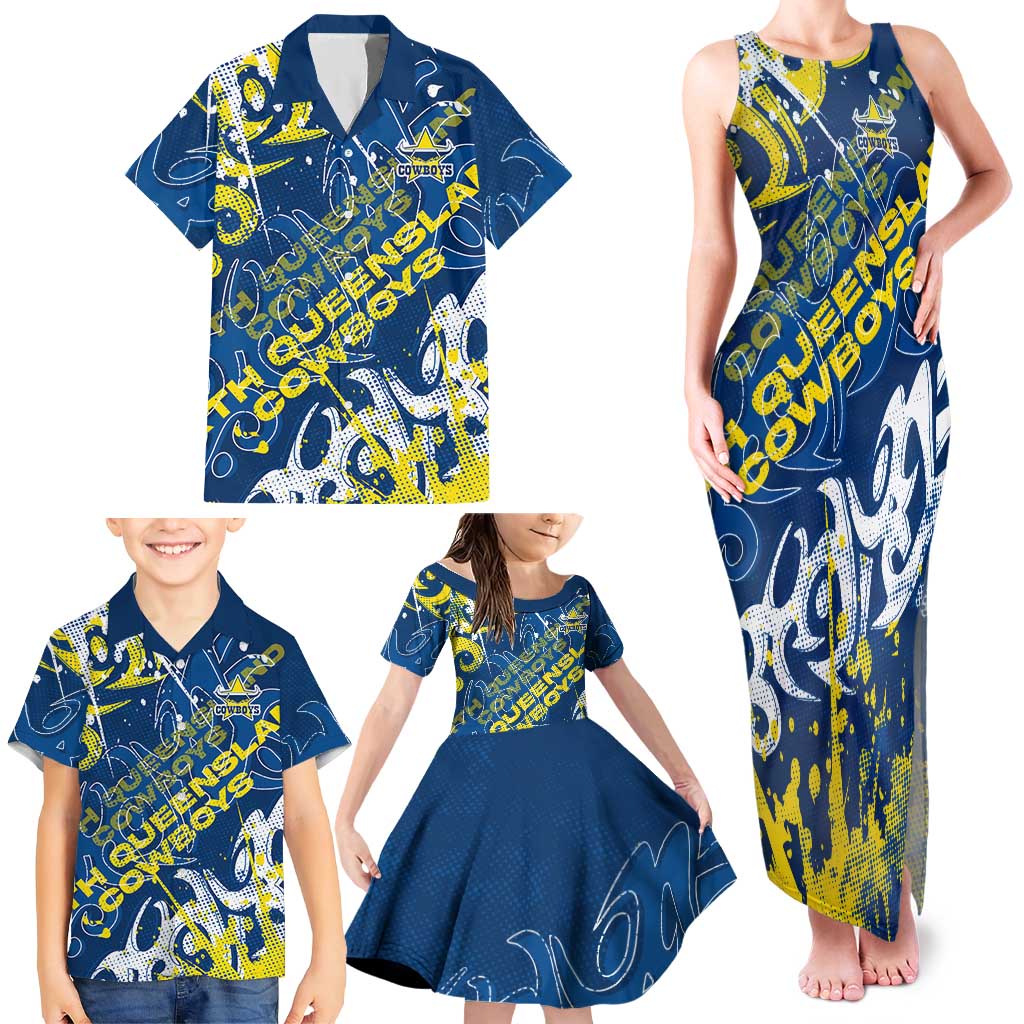 Personalized North Queensland Cowboys Rugby Family Matching Tank Maxi Dress and Hawaiian Shirt Urban Street Graffiti Style - Distressed Splatter Elements
