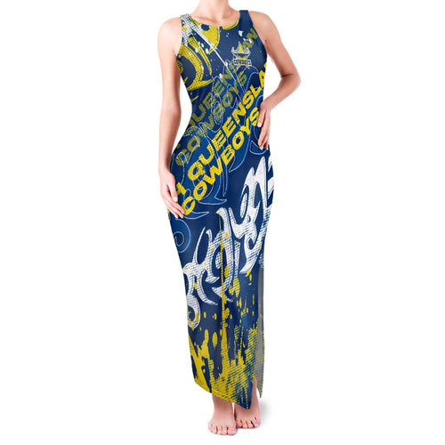 Personalized North Queensland Cowboys Rugby Family Matching Tank Maxi Dress and Hawaiian Shirt Urban Street Graffiti Style - Distressed Splatter Elements